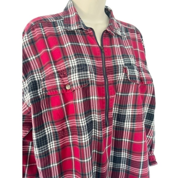 Vintage Eddie Bauer Woman's Sz M Red Plaid Flannel Half Zip Pullover Shirt - Picture 2 of 7